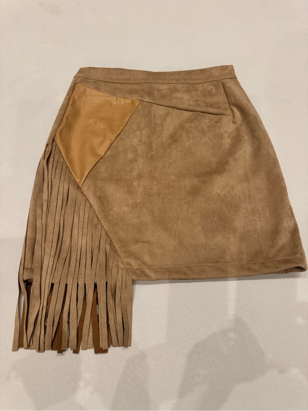 0005 - Suede Fringe Mini Skirt in Tan